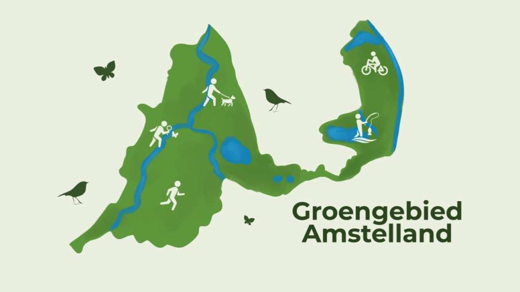 Illustratie omgeving Groengebied Amstelland met vele iconen ter illustratie van de activiteiten
