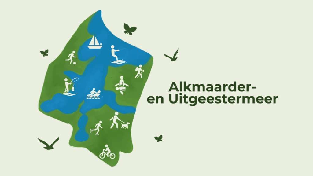 Illustratie omgeving Alkmaarder- en Uitgeestermeer met vele iconen ter illustratie van de activiteiten